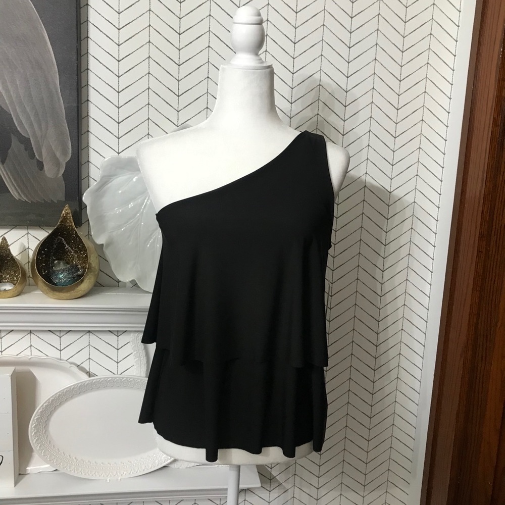 H by Halston black layered top open shoulder